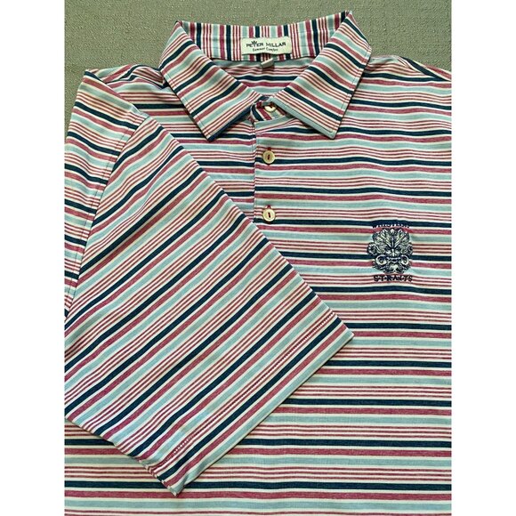 Peter Millar Summer Comfort Polo Shirt Large Pink Blue Stripe Wristling Straits - Picture 15 of 15